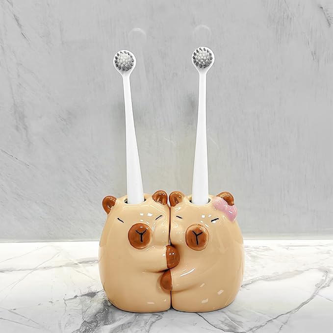 Toothbrush Holder - Creative Ceramic Hugging Capybara Brush Stand, Anti-Slip Cute Toothbrush Rack | Cartoon Capybara Pencil Container, Space-Saving Animal Holder for Vanity, Restroom, Desk