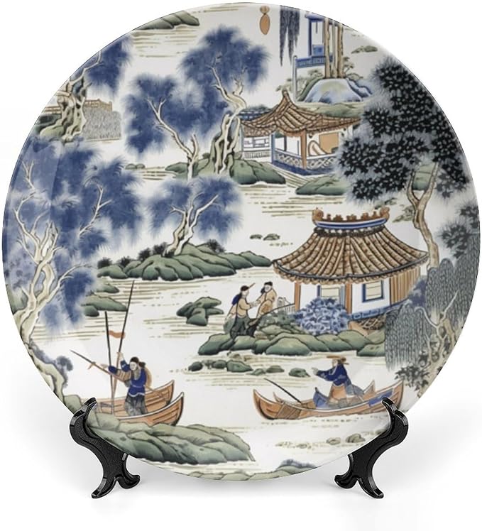 Asian Scenic in Blue And Kelly Green Chinoiserie Decorative Plate of 6", 7", 9", 10", Personalized Ceramic Display Plate, Wedding Kitchen Decorations Table, Including Bracket And Special Hook