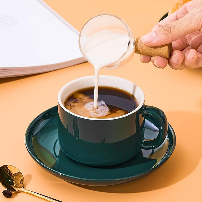 8oz Cappuccino Cups Set of 6, Ceramic Coffee Cups and Saucers Set with Spoons, Green Durable Coffee Cups for Cappuccino Espresso Latte Mocha Au Lait Macchiato Cafe