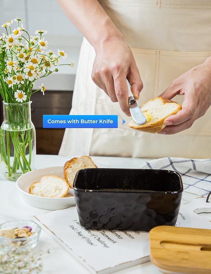 Butter Dish with Lid, Large Butter Dish for Countertop, Ceramic Butter Container with Knife Double Silicone Seal Unique Stone Butter Dishes with Covers for Farmhouse Kitchen Decor Home Decor Black