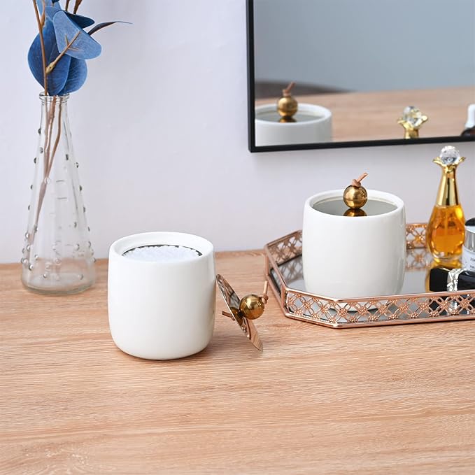 2 Pack Ceramic Qtip Holder Dispenser with Gold Lids, White Apothecary Jars Bathroom Vanity Organizer for Home Decor - Bathroom Canister for Cotton Swabs, Rounds, Balls, Makeup Sponges, Bath Salts