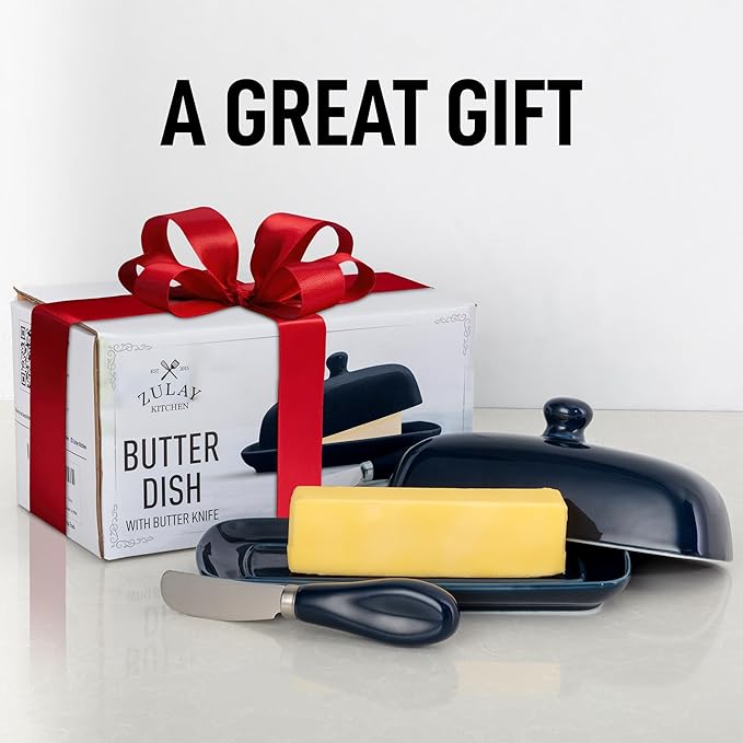 Zulay Butter Dish With Lid For Countertop - Porcelain Blue, Ceramic Butter Dish with Knob Handle Great for Cooking - Elegant Design Butter Holder - Durable & Sturdy Butter Keeper - Dark Blue