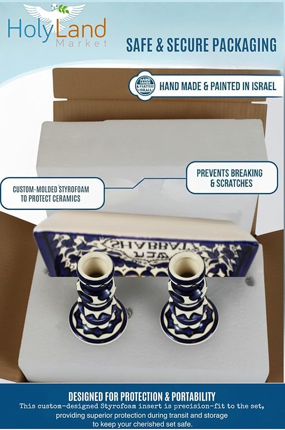 Holy Land Market Shabbat Candlesticks Set - Colorful Ceramic Shabbat Candle Holders Set with Matching Plate for Holidays, Blue