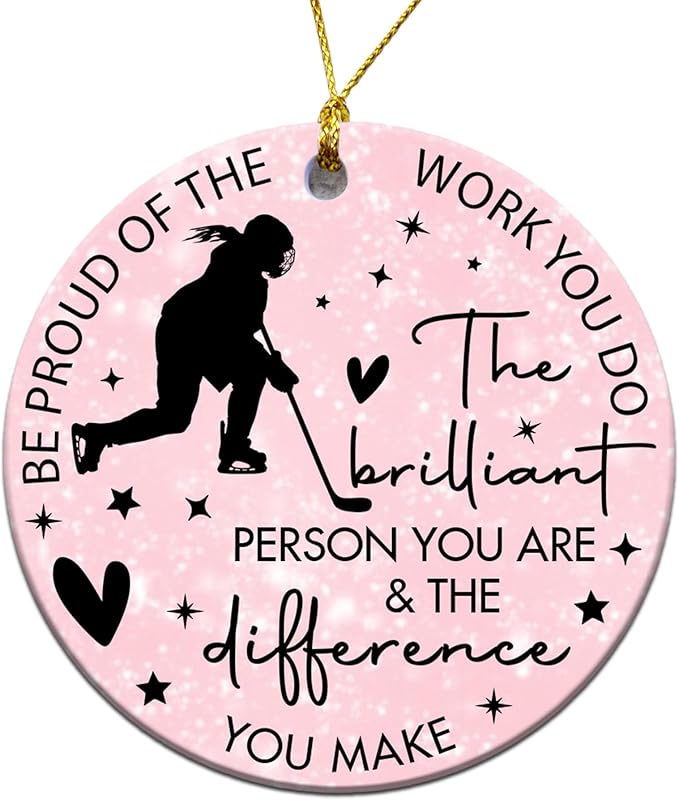 Ice Hockey Christmas Ornament -Round Ceramic 3", Holiday Tree Decoration Keepsake, Hockey Player Christmas Gifts for Girls