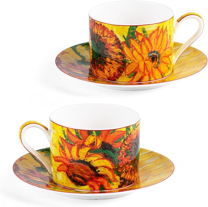 KAMMAK Tea Cups and Saucers Set of 2, Fine Bone China Coffee Cups, Stackable Espresso Mugs, Ceramic Demitasse for Coffee, Cappuccino, Latte, Americano, Tea, Large - Sunflower Oil Painting