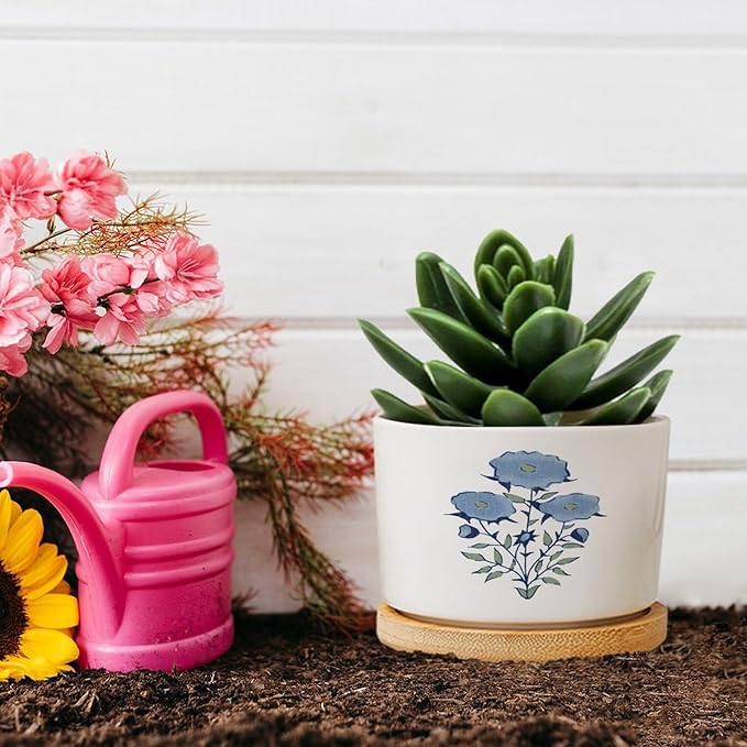 DreamAutumn Blue Flower Ceramic Pots for Plants with Drainage Holes Round Flower Pot Bamboo Tray Orchid Pot Succulents Pots for Outdoor Indoor Plants,Housewarming Gifts