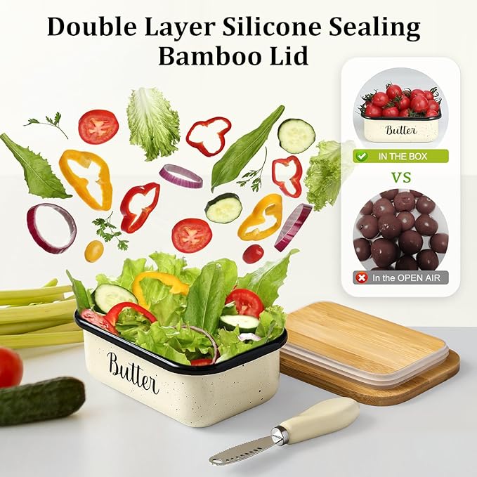 LANDNEOO Butter Dish with Lid and Butter Curler Knife, Unbreakable Metal Keeper Container Double Silicone Sealing, Speckled White, 6.2'L x 4.2' W x 2.2' H, 2 Sticks Capacity, Stainless Steel, Bamboo