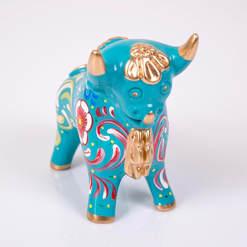 Turquoise Figurine Pucara Bull 4.7"H, Ceramic Bull Pucara, Peru Folk art, Pottery Sculpture Bull, sculpture made of clay, Unique Gift Peru