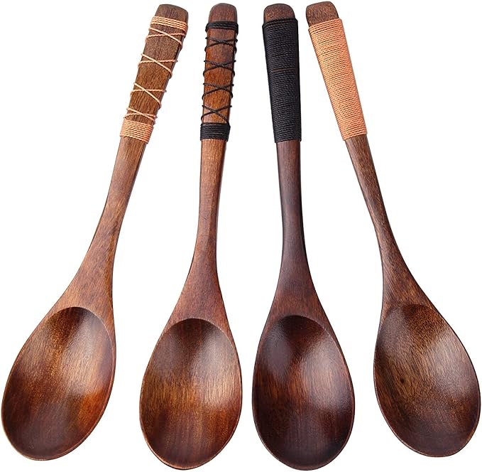 4pc-Handmade Japanese Style Wooden Soup Spoons with Tied Line on Handle