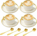 Cappuccino Cups Set of 4, 7oz Espresso Cups Set with Saucers and Spoons, Gold Trim Ceramic Coffee Tea Cups for Latte, Mocha, Au Lait, Dishwasher & Microwave Safe, Art Deco (Gold Striped/200ml)