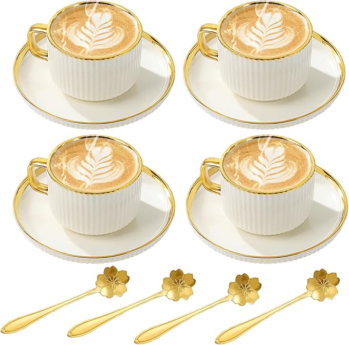Cappuccino Cups Set of 4, 7oz Espresso Cups Set with Saucers and Spoons, Gold Trim Ceramic Coffee Tea Cups for Latte, Mocha, Au Lait, Dishwasher & Microwave Safe, Art Deco (Gold Striped/200ml)