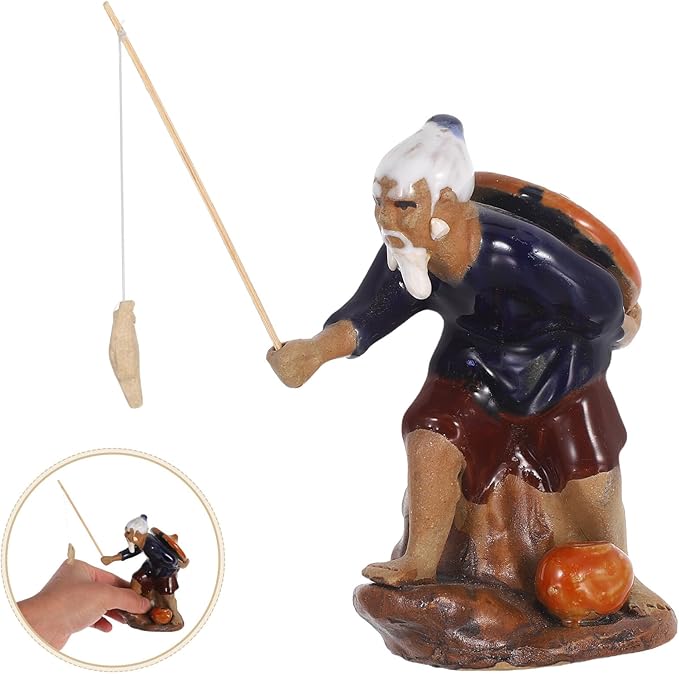Mini Fisherman Sculpture 2pcs Ceramic Feng Shui Figurines for Bonsai Garden Aquarium Decoration Asian Fishing Statue for Desktop Micro Landscape