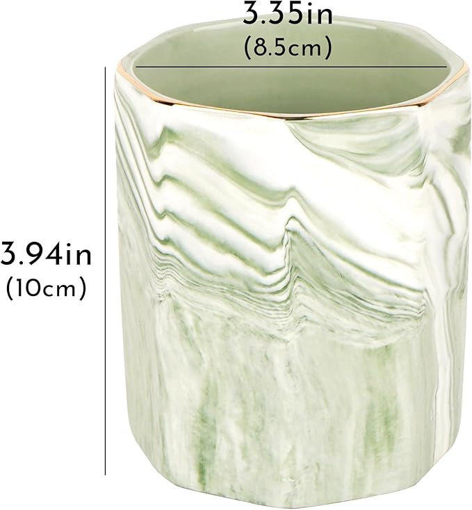 Green Marble Makeup Brush Holder– Round Ceramic Pencil Container with Gold Rim, Elegant Versatile Organizer for Vanity, Desk, or Bathroom