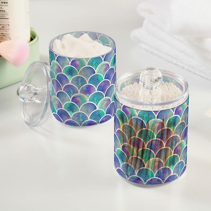 MNSRUU 4 Pack Qtip Holder Organizer Dispenser Watercolor Rainbow Scales Of Mermaid Bathroom Containers Bathroom Vanity Storage Canister Apothecary Jars for Cotton Swabs/Pads/Floss