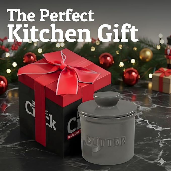 PriorityChef Butter Crock with Lid with Water Line, Ceramic French Butter Dish to Leave On Counter, Grey