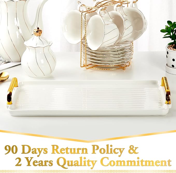 DUJUST Porcelain Serving Tray with Golden Handles, Modern Nordic Style Coffee Table Tray, Beautiful Tea Tray Decor for Living Room, Easy to Use & Clean