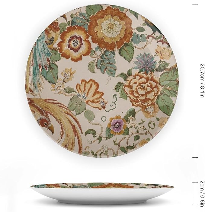 Peony Garden Orange & Green Thibaut Floral Vintage Plates Decor for Club Table Household Personalized Birthday Idea Gifts Ceramic Dinner Plate with 1 Display Stand, Multi Sizes by Choosing