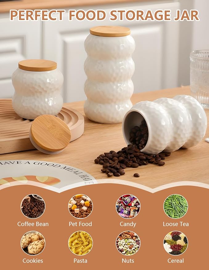 Ceramic Canister Set of 3, Kitchen Canisters for Countertop, White Food Storage Containers with Lids for Coffee, Bean, Sugar, Tea, Spices and More, Home Decor