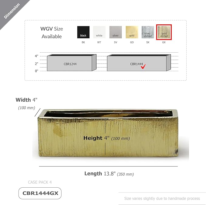 WGVI Long Rectangle Ceramic Planter Vase in Gold Etched 14" x 4" x 4"H, Rectangular Box Block Terrarium Pot, Flower Arrangement, Tabletop Centerpiece, Home Decor Organization Container, 4 Pcs.