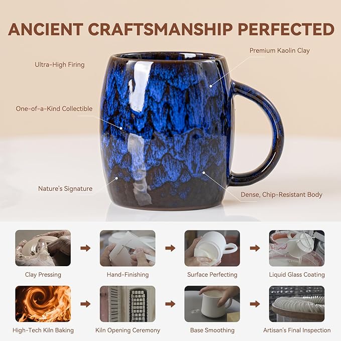 Midnight Blue Ceramic Coffee Mug 15oz - Handcrafted Artisan Mug with Large Comfortable Handle, Unique Design for Coffee Lovers, Dishwasher Safe
