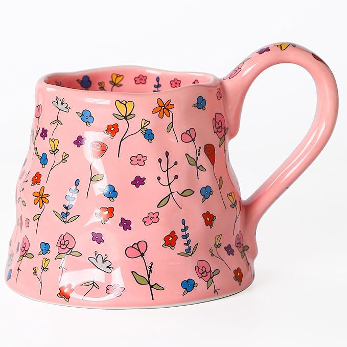 Mkour 16oz Large Ceramic Coffee Mugs, Handmade Big Tea Cups, Floral Design, Wide Bottom with Large Handle for Office and Home, Microwave and Dishwasher Safe (Pink)