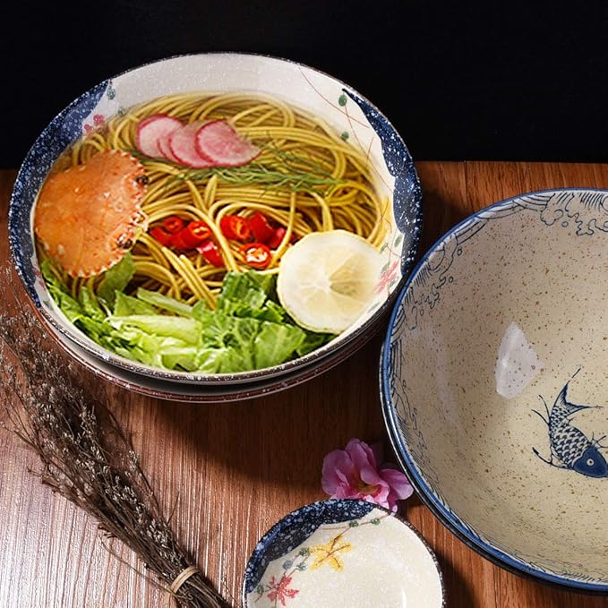 Japanese Retro Ramen Bowls Set of 4 Color Large 8 Inch Ceramic Bowl for Pho Dessert Snack Cereal Soup Noodle and Rice