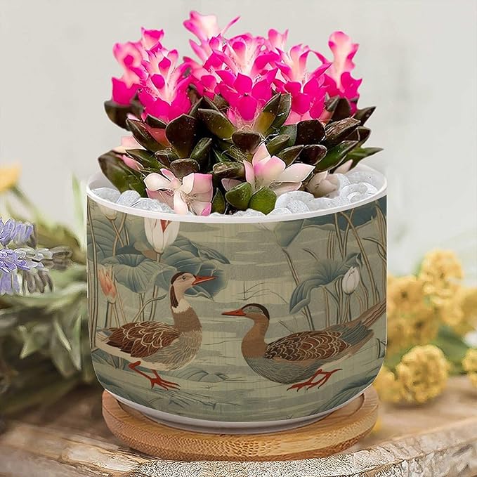 and Duck Garden Small Ceramics Planters Set of 1 Green Water Lily Chinoiserie Flower Ceramics Plant Pot with Drainage Holes and Bamboo Tray Chinoiserie Chic Planter for Succulents