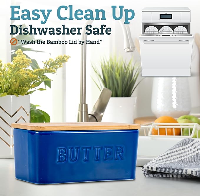 PriorityChef Extra Large Butter Dish with Lid for Countertop, Ceramic Butter Container With Airtight Cover, Butter Keeper for Counter or Fridge, Butter Holder Storage, Dark Blue
