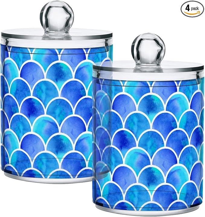 MNSRUU 4 Pack Qtip Holder Organizer Dispenser Blue Scales Of Mermaid Bathroom Containers Bathroom Vanity Storage Canister Apothecary Jars for Cotton Swabs/Pads/Floss