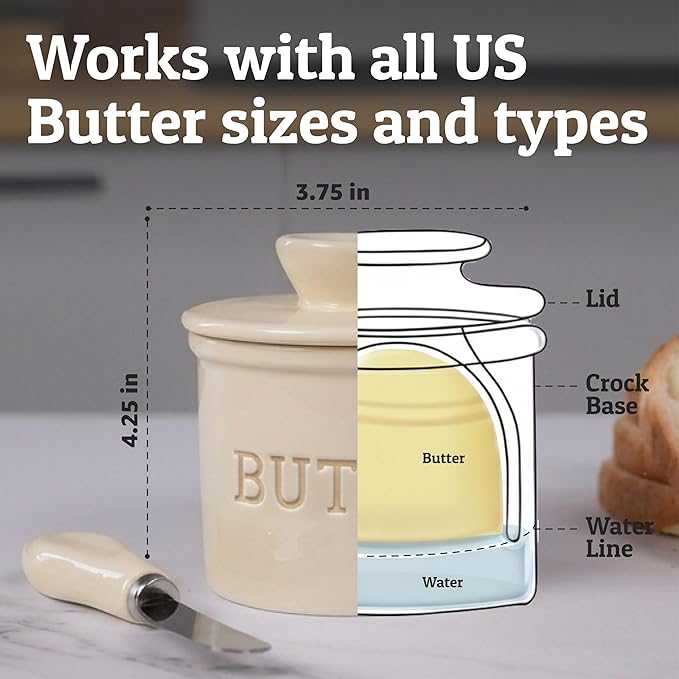 PriorityChef Butter Crock with Lid with Water Line,Ceramic French Butter Dish to Leave On Counter, Cannoli Cream