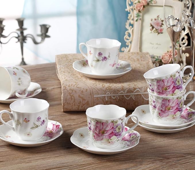 GuangYang 7 oz Porcelain Tea Cups and Saucers Set of 6, Pink Floral Design – Elegant Gift Set for Tea Lovers, Coffee, Cappuccino, Mocha, Weddings, Housewarming & Holidays