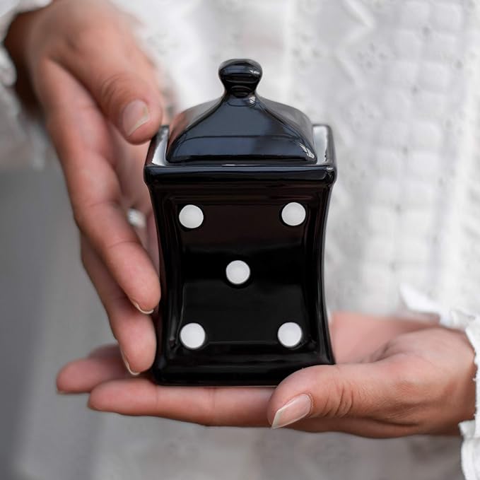City to Cottage Handmade Small 5.3oz/150ml Ceramic Kitchen Herb, Spice, Storage Jar with Lid, Pottery Canister, Housewarming Gift (Black and White Polka Dot)
