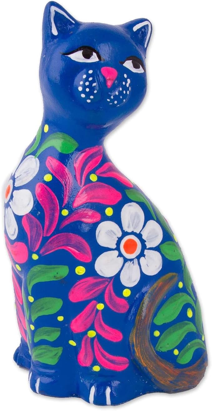 NOVICA Artisan Handcrafted Ceramic Figurine Peruvian Artisan Floral Cat Blue Multicolor Sculpture Painted [3.9in H x 2.2in W x 1.6in D] ' Sweet Cat in Blue'
