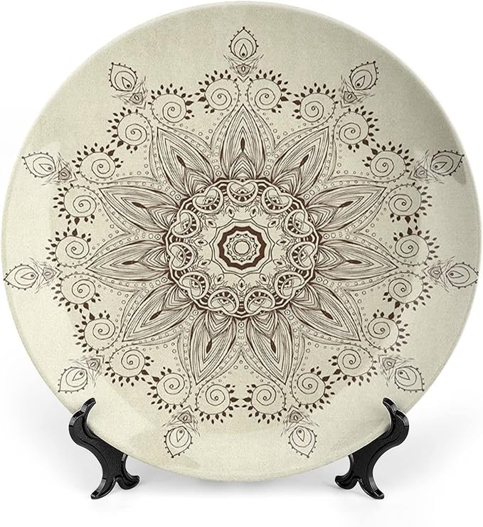 7 Inch Decorative Plate, Lotus Ceramic Stoneware, Arabesque Mandala Ritual Symbol Print Ceramic Wall Hanging for Fine Dining Upscale Events, Dinner Parties, Weddings, Catering, Seal Brown Cream