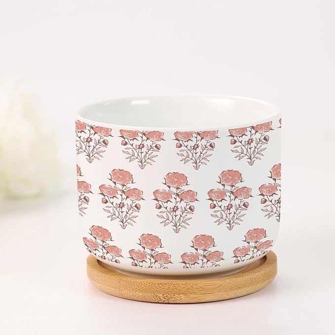 Set of 1 Watercolor Chinoiserie Floral Small Pots for Succulents Coral Orange Flower Ceramics Plant Pot with Drainage Bamboo Trays Asian Scenery Chinoiserie Cactus Pot