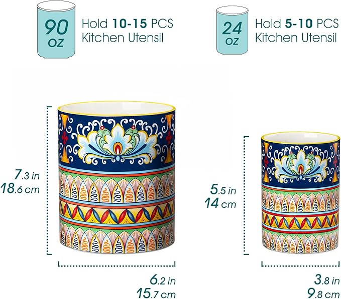 vancasso SIMI Utensil Holder, 7.3"+5.5" Porcelain Kitchen Utensil Holder for Countertop, Bohemian Kitchen Utensil Organizer for Spatulas, Spoons, Decorative Counter Utensil Crock, Celestial Harmony