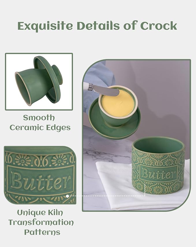 TEATALK Ceramic French Butter Crock - Vintage Relief Pattern Butter Keeper with Water Seal, 6.7oz Green Butter Dish for Fresh Spreadable Butter, Farmhouse Kitchen Decor & Gift