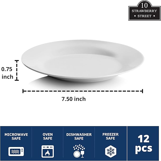 10 Strawberry Street 7.5" Catering Round Salad/Dessert Plate, Set of 12,White