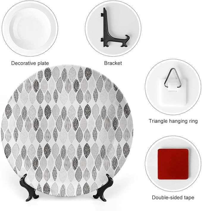 XISUNYA 7 Inch Decorative Plate, Doodle Tableware Plate, Woodland Forest Pattern Abstract Leaves Sketch Print Ceramic Wall Hanging Decor Accessory for Dining Table Tabletop Home Decor
