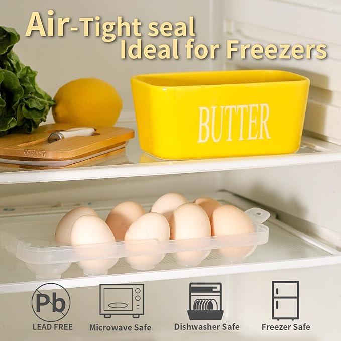 Hasense Porcelain Butter Dish with Lid, Ceramic Butter Dish with Lid Holds For Countertop, Butter Holder with Knife for East West Coast Butter, Airtight Covered Butter Container for Kitchen, Yellow