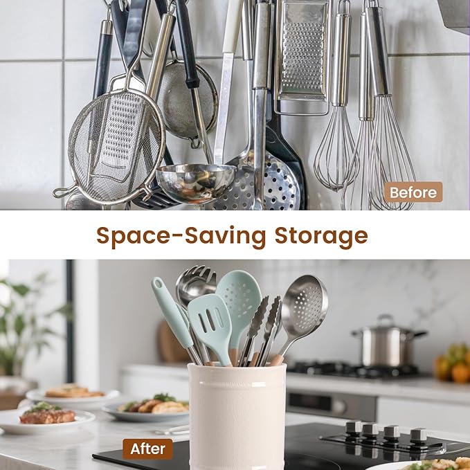 SZUAH Kitchen Utensil Holder, Larger Ceramic Utensil Crock for Kitchen Counter top & Dining Table (Cream, 5.9" x 5.9" x 6.7")