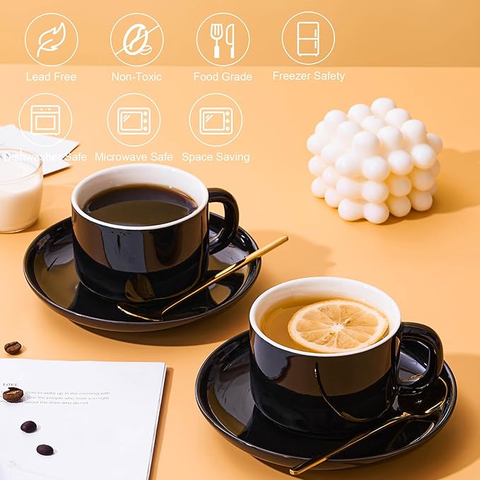 8oz Cappuccino Cups Set of 4, Ceramic Coffee Cups and Saucers Set with Spoons, Black Durable Coffee Cups for Cappuccino Espresso Latte Mocha Au Lait Macchiato Cafe