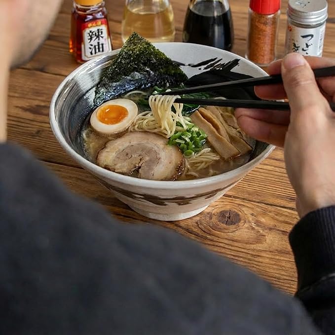 Artisan One-Stroke Noodle Bowl - Handmade Japanese Ceramic Ramen & Udon Bowl, White