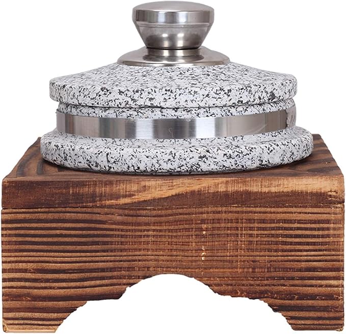 Korean Granite Stone Bowl with Lid,Heavy-Duty Granite Stone Bowl with Wood Base, Rice Cooker,Ceramic Pot Casserole,Clay Pot for Korean Cuisine Stone Diameter 14cm