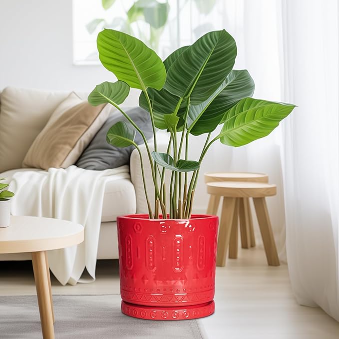 10 Inch Plant Pot, Ceramic Pots for Plants for Indoor Outdoor Plants, Round Planter with Drainage Hole and Tray, Boho Decorative Flower Pots, Front Porch Decor, Gifts for Plant Lovers, Red