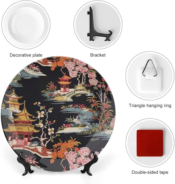 Chinoiserie Charcoal Coral Pagoda Asian Fashion Plates, Asian Style Chinoiserie Pagoda Customize Decorative Plate for Office Wedding Decor, with Vertical Stand Art Decor for Festival Club