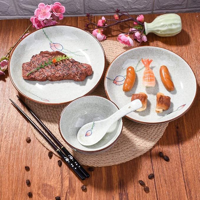 4-Piece Ceramic Dinnerware Set, Plate, Dish, Bowl, Spoon, Japanese Hand-painted Tableware set, A Good Tableware
