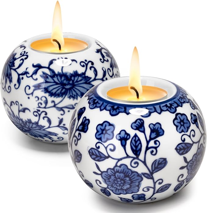One Pair Classic Celadon Tealight Holder Set, Chinoiserie Blue and White Porcelain from Jingdezhen, Candle Holder for Housewarming Gifts and Home Decoration (W 3.54 in x H 2.76 in)