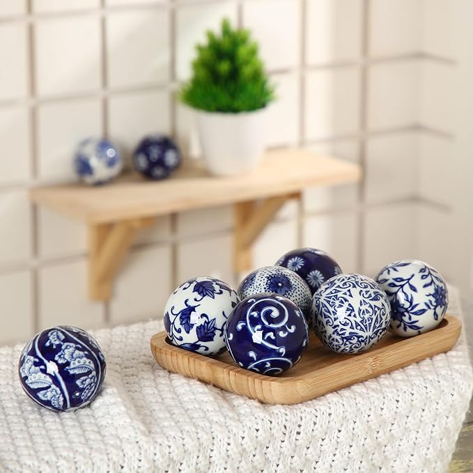 Vesici 9 Pcs Blue and White Porcelain Balls Decorative Chinoiserie Orbs for Centerpiece Bowls China Ceramic Balls Farmhouse Basket Tray Vases Decoration Gifts for Dining Table Holiday(Elegant Style)