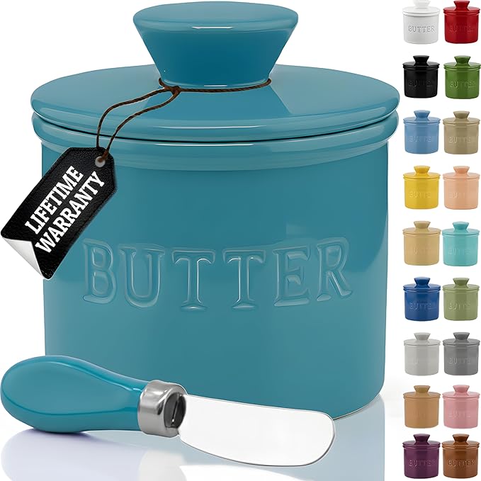 PriorityChef Butter Crock with Lid with Water Line, Ceramic French Butter Dish to Leave On Counter, Turquoise
